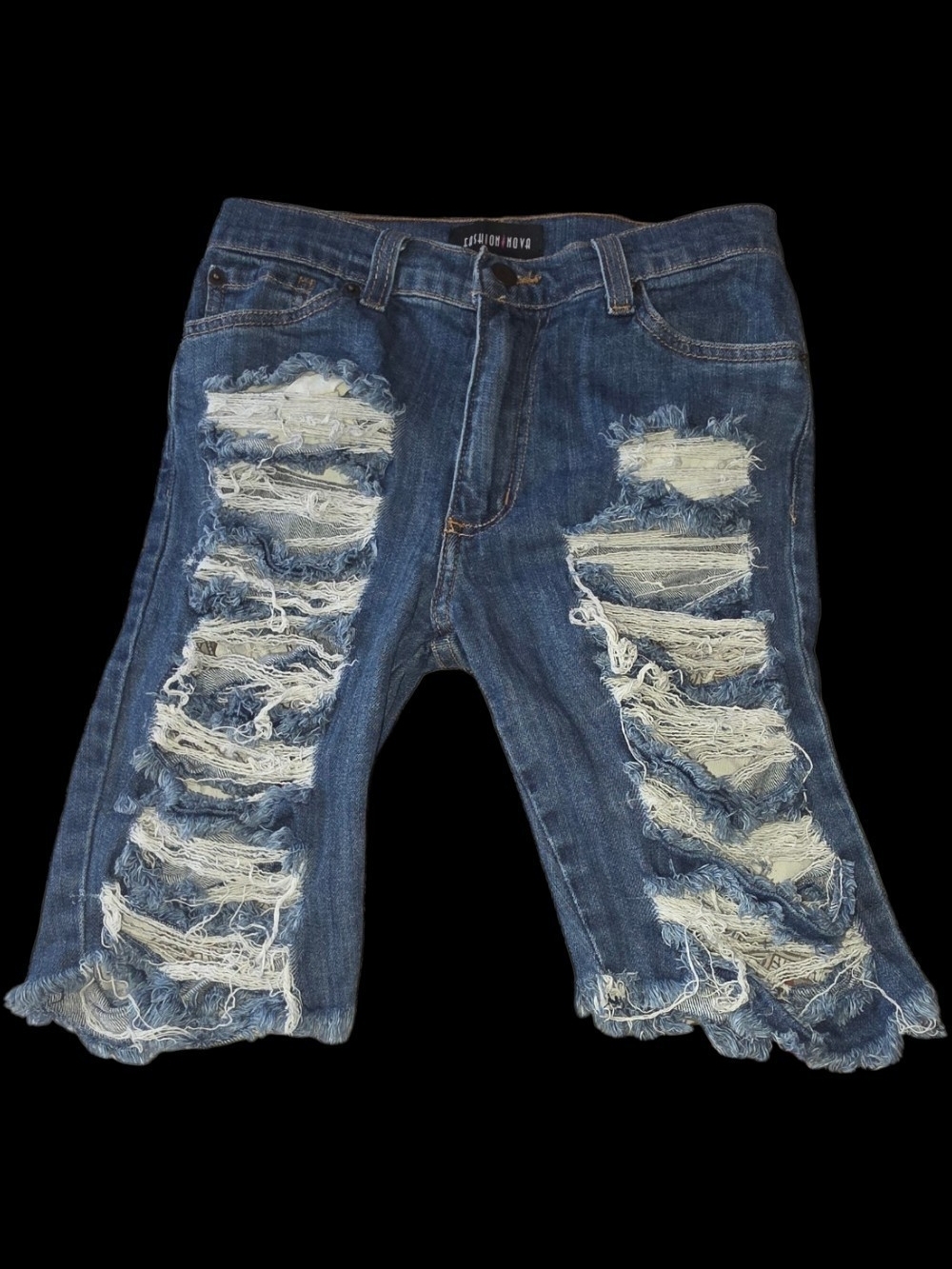 Heavily Distressed Denim Bermuda Shorts - Size 5